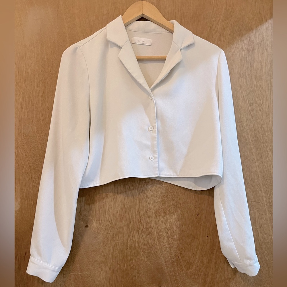 Oak + Fort Notched Collar Cropped Blouse XS Ivory